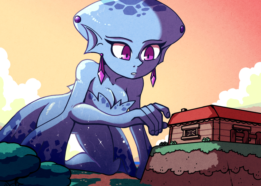 1girl breasts cleavage commission earrings giant giantess grass highres house jewelry large_breasts nintendo princess_ruto purple_eyes setz sunset the_legend_of_zelda the_legend_of_zelda:_ocarina_of_time tree wet zora