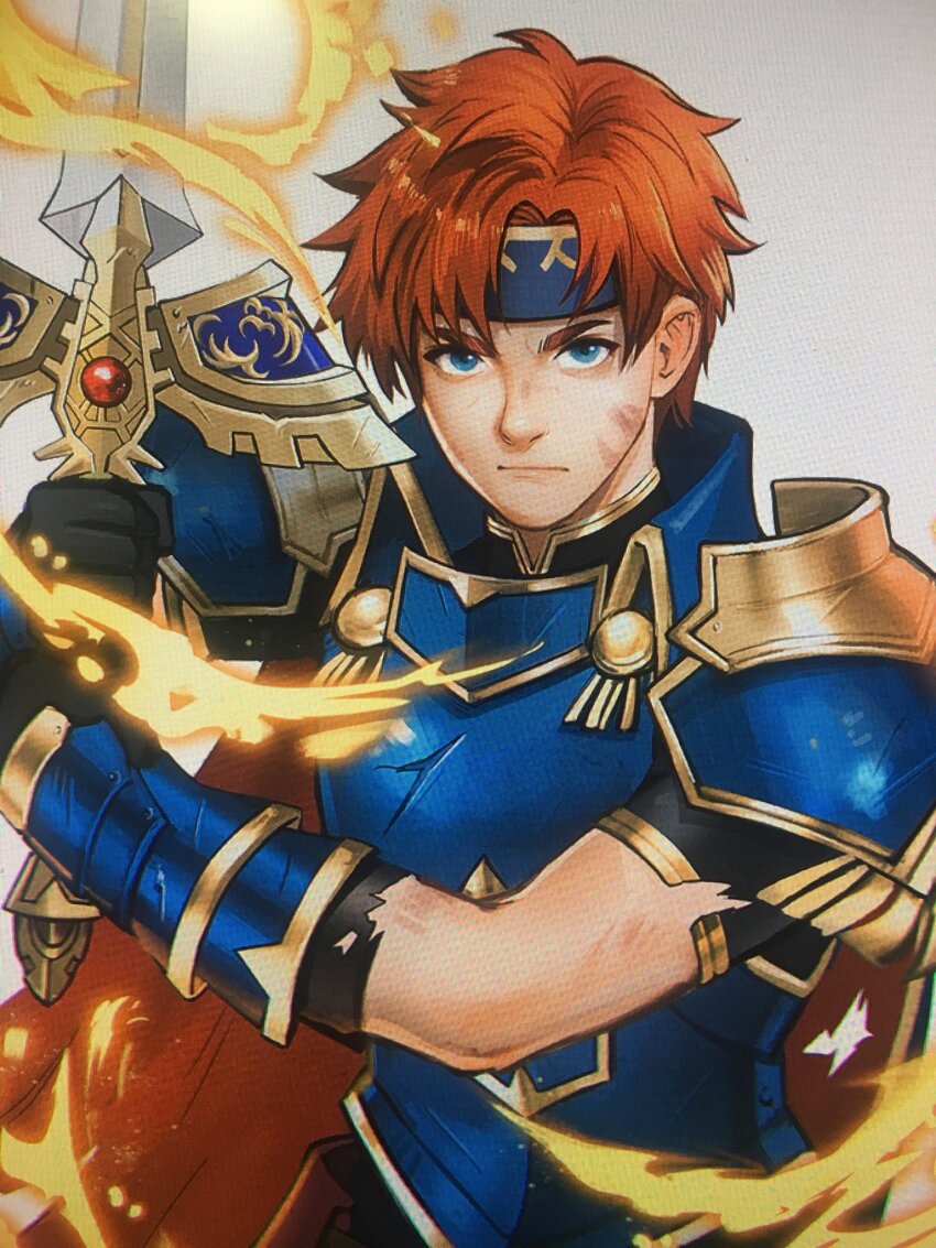 1boy armor armored_gloves arms_up black_gloves blue_armor blue_eyes blue_headband breastplate cape closed_mouth collared_cape commentary english_commentary expressionless fire fire_emblem fire_emblem:_the_binding_blade gem gloves gold_trim headband highres holding holding_sword holding_weapon male_focus mistermagnolia nintendo pauldrons red_gemstone red_hair roy_(fire_emblem) shoulder_armor solo sword torn_clothes upper_body weapon wing_collar