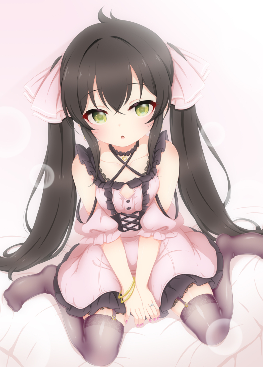 1girl between_legs black_hair black_thighhighs bracelet chestnut_mouth choker commentary_request dress earrings fingernails garter_straps gradient_background hand_between_legs heart heart_choker heart_in_eye highres hosizora_mikoto idolmaster idolmaster_cinderella_girls jewelry jirai_kei lace lace-trimmed_dress lace-trimmed_thighhighs lace_trim long_hair looking_at_viewer matoba_risa nail_polish open_mouth pink_background pink_dress pink_nails ring sidelocks sitting solo staring symbol_in_eye thighhighs twintails very_long_hair wariza white_background yellow_eyes