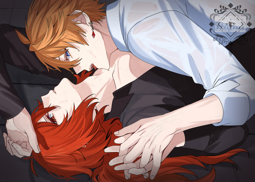 2boys blue_eyes brown_shirt diluc_(genshin_impact) earrings genshin_impact hair_between_eyes highres hiki_yuichi jewelry long_hair lying male_focus multiple_boys open_mouth orange_hair red_eyes red_hair shirt short_hair tartaglia_(genshin_impact) tongue tongue_out white_shirt yaoi
