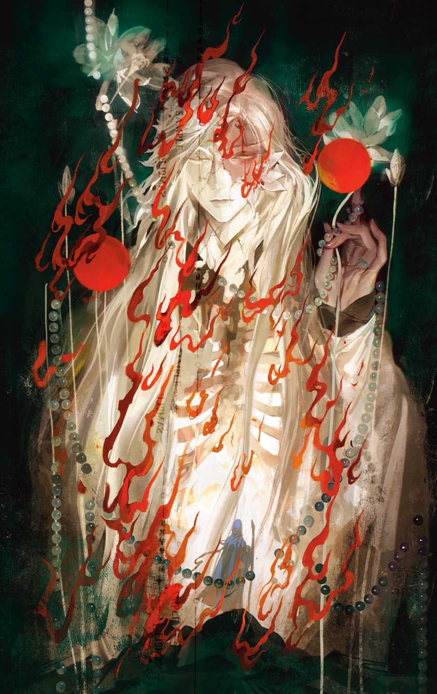 1boy absurdres beads black_background chinese_clothes closed_mouth cracked_mask feet_out_of_frame fire flower glowing half_mask hand_up hanfu highres holding holding_staff jewelry jinguang_budaixi long_hair long_sleeves male_focus mask moranhuishouquandoushigou multiple_views parted_bangs pointing pointing_up prayer_beads qiao_rulai ribs ring solo_focus staff standing straight-on upper_body variant_set white_flower white_hair white_hanfu white_sleeves yellow_eyes