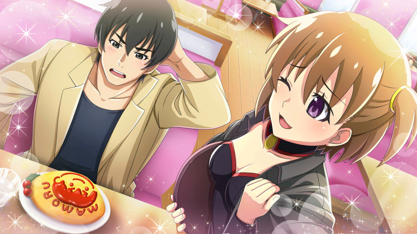 1boy 1girl ;d akasaka_mamoru akasaka_miyuki angel_mort arm_behind_head black_hair black_jacket black_leotard black_shirt blurry breasts brown_hair brown_jacket character_name cherry_tomato cleavage cup depth_of_field detached_collar drinking_glass dutch_angle father_and_daughter food from_above game_cg hair_between_eyes highres higurashi_no_naku_koro_ni higurashi_no_naku_koro_ni_mei holding holding_tray indoors jacket ketchup lens_flare leotard long_sleeves looking_at_food non-web_source official_art omelet omurice one_eye_closed one_side_up open_clothes open_jacket open_mouth purple_eyes restaurant shirt short_hair sitting smile sparkle standing strapless table teeth tomato tray upper_body upper_teeth_only waitress wooden_floor