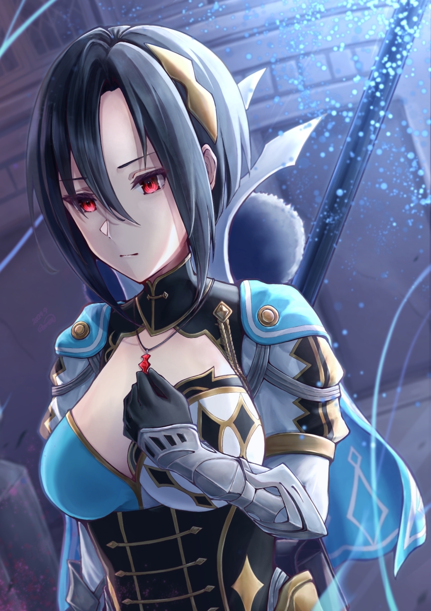1girl armored_collar black_hair breasts cleavage closed_mouth fire_emblem fire_emblem_engage fur_trim hair_between_eyes highres large_breasts looking_at_viewer nel_(fire_emblem) nintendo red_eyes shi-on solo