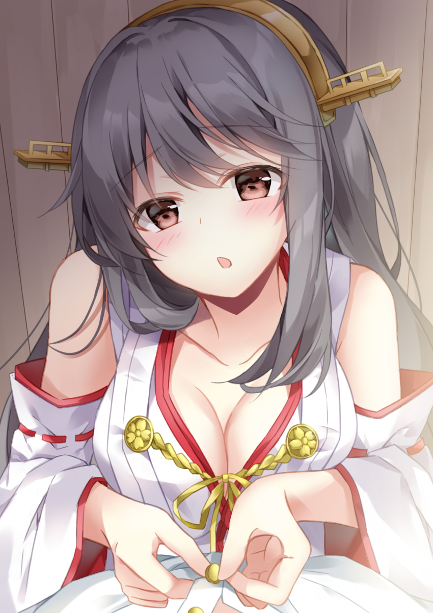 1girl admiral_(kancolle) against_wall arms_up bare_shoulders black_hair blush breasts brown_eyes buttons cleavage detached_sleeves hair_between_eyes hair_ornament hairband hairclip haruna_(kancolle) headgear highres japanese_clothes kantai_collection lace-trimmed_sleeves lace_trim large_breasts long_hair looking_at_viewer nontraditional_miko open_mouth shirt smile sugisaki_yuu white_shirt