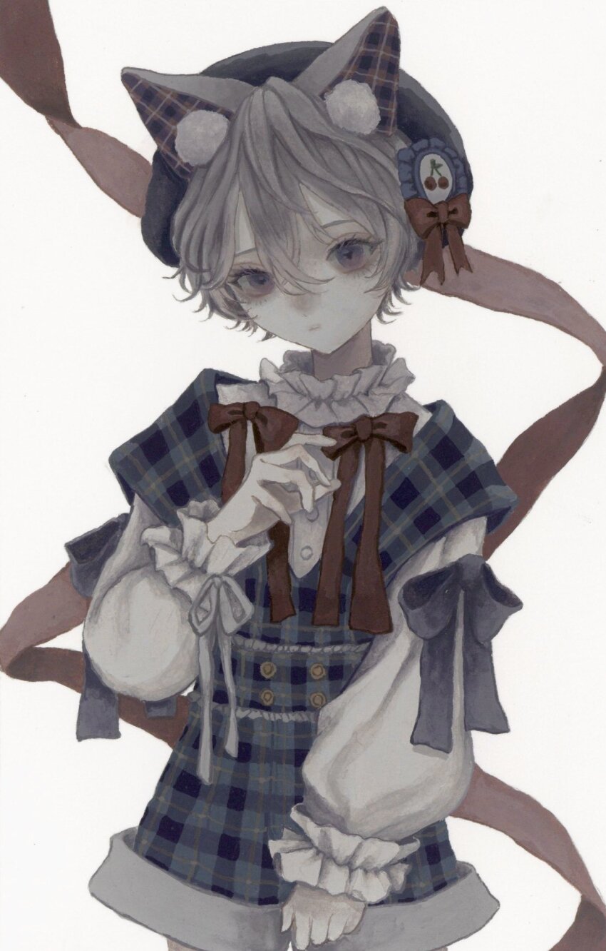 1boy androgynous animal_ear_fluff animal_ears blue_shorts bow cat_ears cowboy_shot grey_hair hat highres long_sleeves looking_at_viewer male_focus mashiroi_no original pale_skin plaid purple_eyes red_bow red_ribbon ribbon shirt short_hair shorts simple_background solo white_background white_shirt