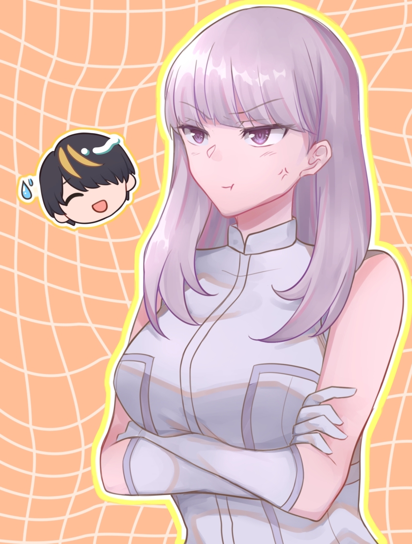 1boy 1girl absurdres angry black_hair blonde_hair breasts chibi closed_eyes closed_mouth collared_shirt crossed_arms daraceriadestiasa gloves highres kurusu_yamato large_breasts long_hair multicolored_hair open_mouth pink_eyes pink_hair sentai_daishikkaku shirt sleeveless sleeveless_shirt two-tone_hair white_gloves white_shirt yukino_angelica