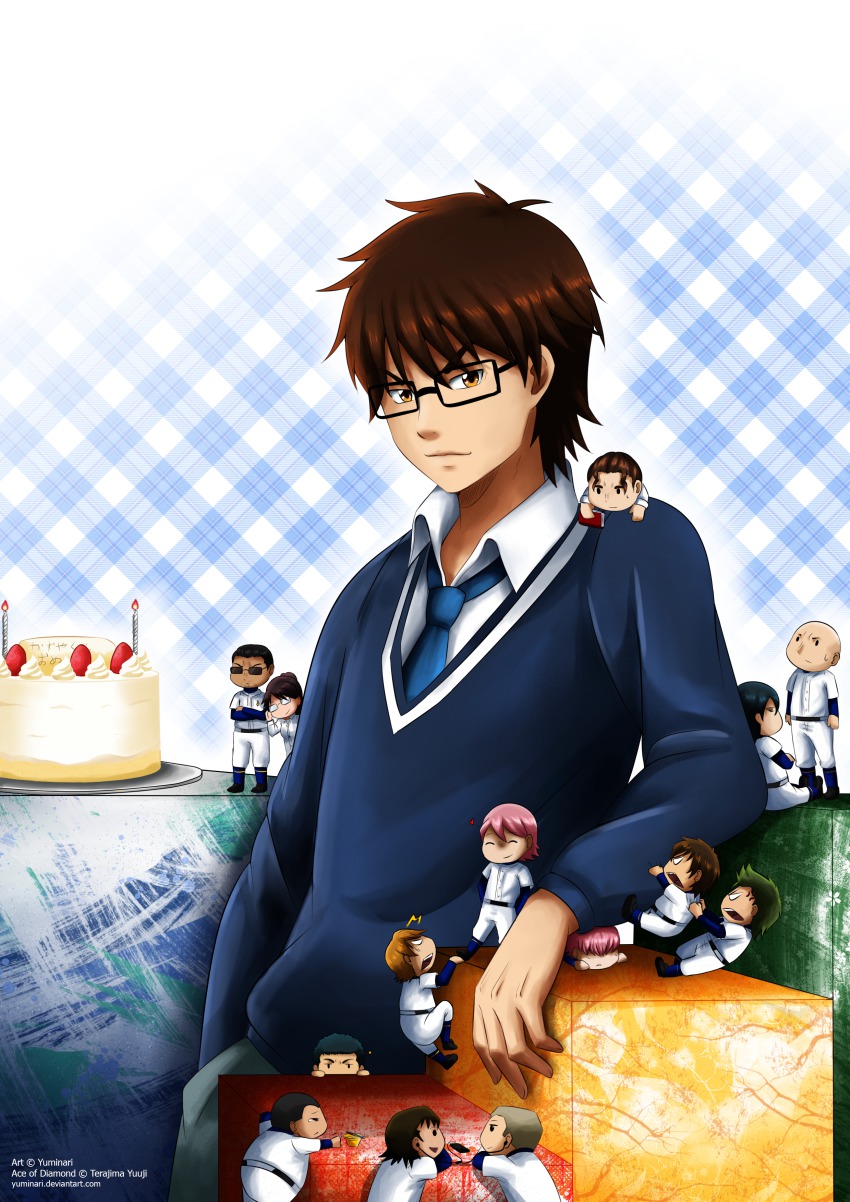 1girl 6+boys absurdres ace_of_diamond artist_name bald book brown_hair cake character_request chibi copyright_name copyright_notice digital_media_player earbuds earphones food furuya_satoru glasses green_hair highres isashiki_jun kanemaru_shinji kataoka_tesshin kawakami_norifumi kominato_haruichi kominato_ryousuke light_brown_hair male_focus miyuki_kazuya multiple_boys necktie pink_hair plaid_background sawamura_eijun sunglasses takashima_rei takigawa_chris_yuu tanba_kouichirou watermark yuminari