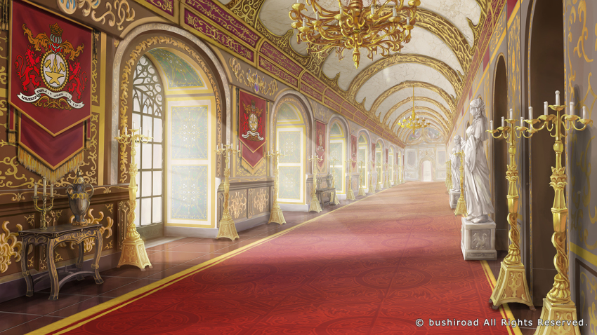 arch candle candlestand ceiling chandelier company_name fantasy granadia_saga hallway indoors light_rays no_humans official_art palace red_carpet scenery shiki_makoto statue sunbeam sunlight table tapestry tile_floor tiles urn vanishing_point watermark