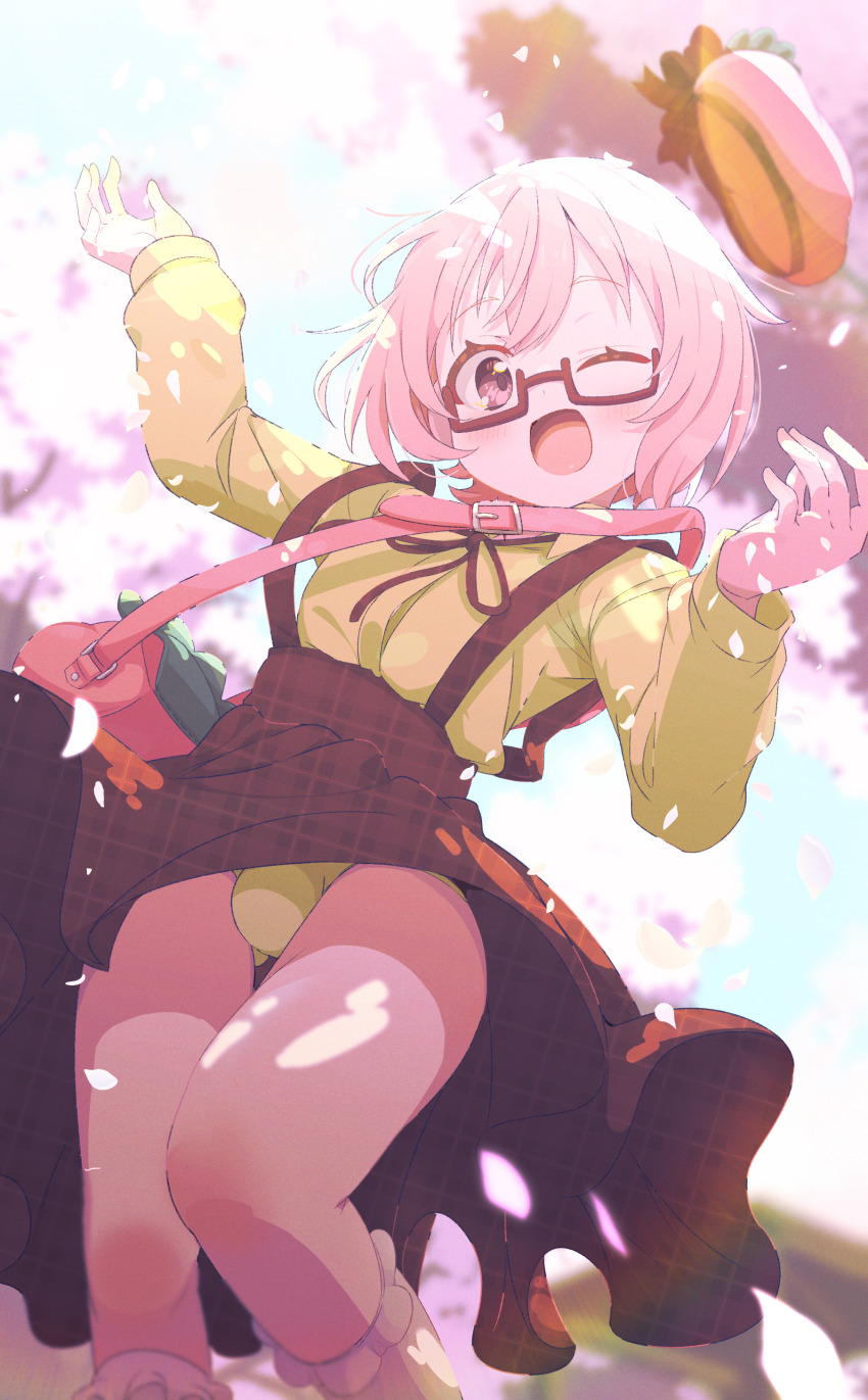 1boy ;d absurdres bag beret blue_sky blurry blurry_background blush bobby_socks brown_ribbon brown_skirt cherry_blossoms collar commission day depth_of_field feet_out_of_frame frilled_socks frills from_below glasses green_panties hair_between_eyes handbag hands_up hat highres long_sleeves looking_at_viewer neck_ribbon one_eye_closed open_mouth original outdoors panties pantyshot petals pink-framed_eyewear pink_eyes pink_hair plaid_clothes plaid_skirt red-framed_eyewear ribbon semi-rimless_eyewear shiro9jira shirt short_hair shoulder_bag skeb_commission skirt sky smile socks solo standing suspender_skirt suspenders trap tree under-rim_eyewear underwear unworn_hat unworn_headwear white_socks wind wind_lift yellow_panties yellow_shirt
