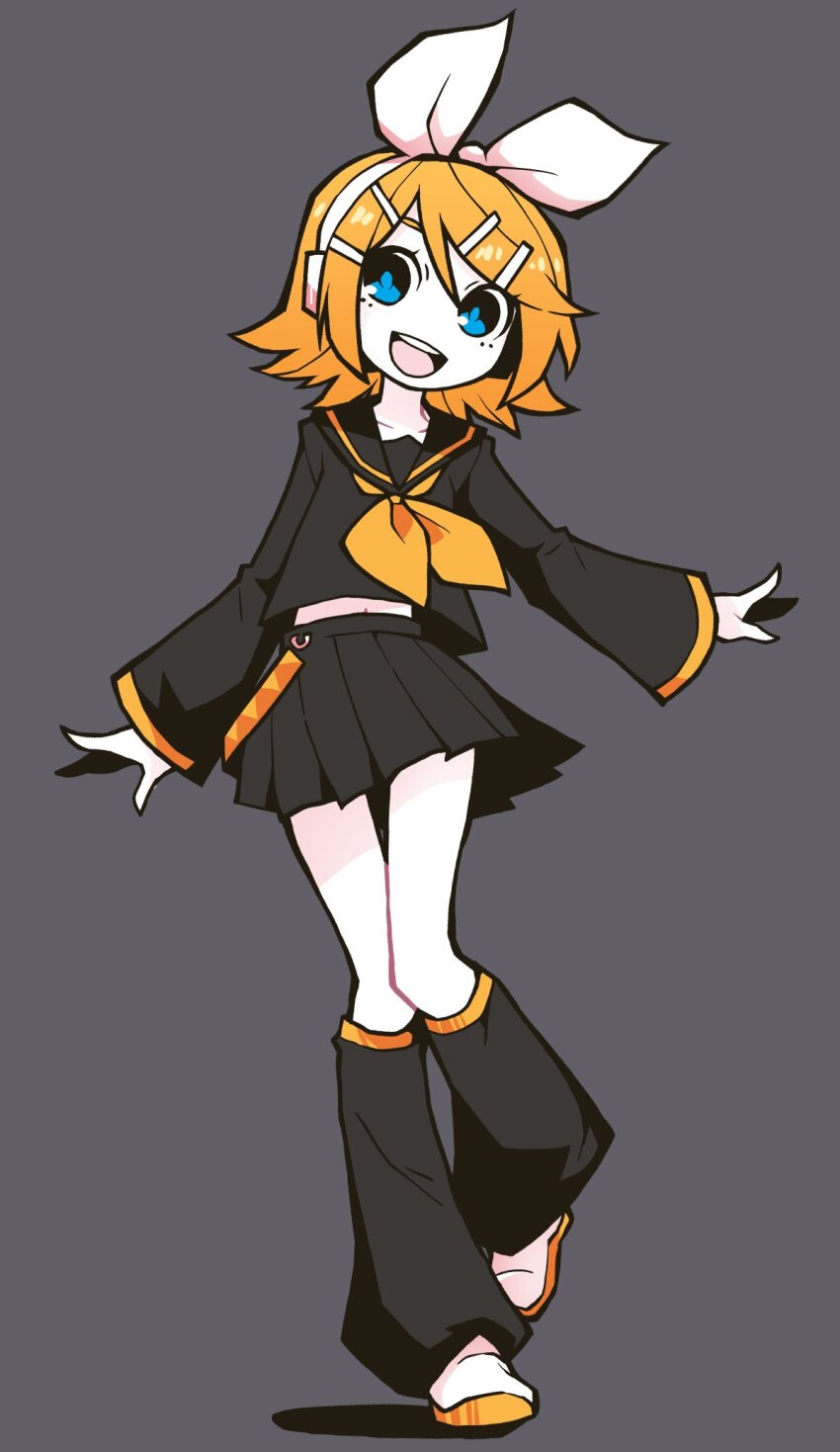 1girl :d akableak black_sailor_collar black_serafuku black_skirt black_socks blonde_hair blue_eyes bob_cut bow bright_pupils commentary flipped_hair full_body grey_background hair_bow hair_ornament hair_ribbon hairband hairclip headphones highres kagamine_rin knees_together_feet_apart long_sleeves looking_at_viewer loose_socks midriff midriff_peek navel neckerchief open_mouth outstretched_arms parallel_hairclips pleated_skirt ribbon romaji_commentary sailor_collar school_uniform serafuku shadow shoes short_hair simple_background skirt smile socks solo swept_bangs teeth upper_teeth_only vocaloid walking white_bow white_hairband white_ribbon white_shoes yellow_neckerchief yellow_trim