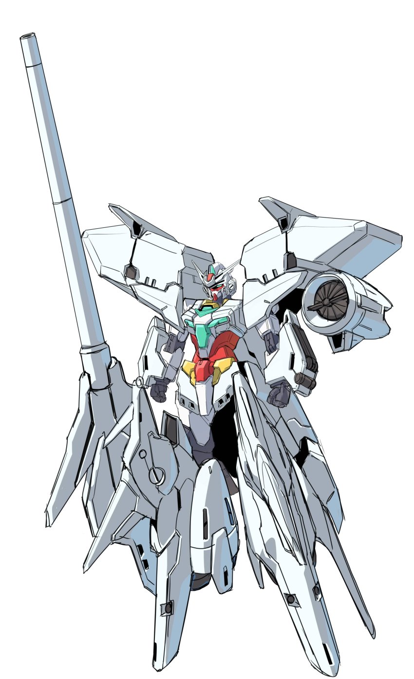 absurdres aqua_eyes clenched_hands core_gundam_ii dendrobium_schema fusion gundam gundam_0083 gundam_build_divers gundam_build_divers_re:rise highres looking_down mecha no_humans robot solo sukekiyo56 v-fin white_background