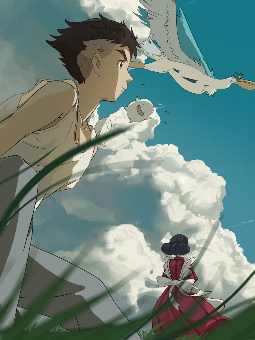 11173 1boy 1girl :d absurdres aosagi_(kimitachi_wa_dou_ikiru_ka) bird black_hair blurry blurry_foreground bow cloud day dress grass heron highres himi_(kimitachi_wa_dou_ikiru_ka) kimitachi_wa_dou_ikiru_ka maki_mahito medium_hair open_mouth red_dress serious shirt short_hair sleeveless sleeveless_shirt smile thick_eyebrows warawara_(miyazaki) white_bow
