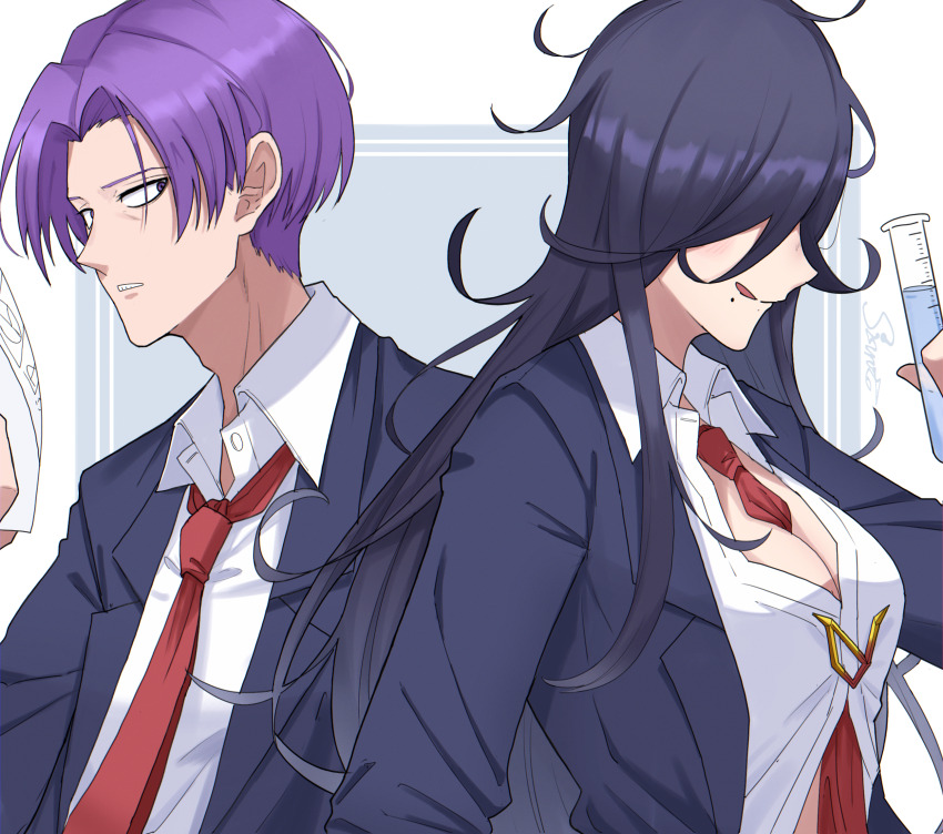 1boy 1girl artist_name between_breasts black_hair black_suit breasts cleavage formal_clothes hair_over_eyes highres holding holding_test_tube ichiko_nemuri large_breasts long_hair looking_at_another mole mole_under_mouth necktie nico_vorgeil purple_hair red_necktie shirt shishiruto short_hair suit test_tube undead_unluck upper_body white_background white_shirt