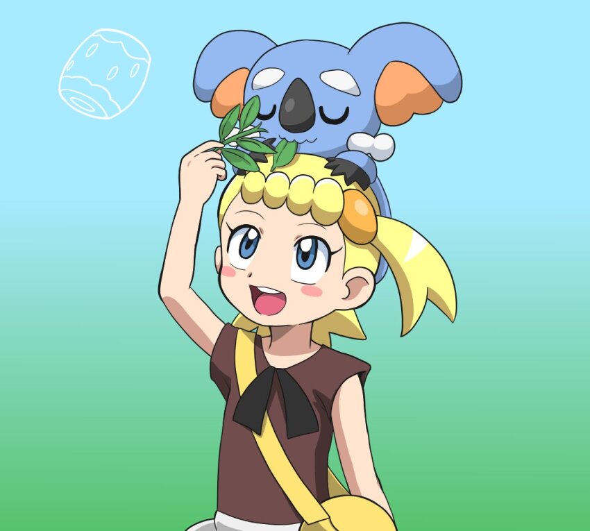 1girl :d bag blonde_hair blue_eyes blush_stickers bonnie_(pokemon) brown_shirt commentary_request creatures_(company) eating eyelashes feeding game_freak gen_7_pokemon gradient_background holding komala neck_ribbon nintendo on_head one_side_up open_mouth pokemon pokemon_(anime) pokemon_(creature) pokemon_on_head pokemon_xy_(anime) ribbon shirt short_sleeves shoulder_bag smile takamame teeth tongue upper_teeth_only yellow_bag
