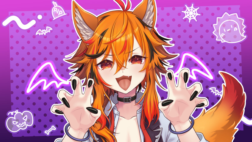 1girl absurdres animal_ears belt belt_collar black_belt black_hair black_nails black_vest bracelet claw_pose collar collarbone fang fingernails fox_ears fox_girl fox_tail hair_between_eyes highres jewelry kazami_kuku kemonomimi_mode large_variant_set long_bangs long_fingernails long_hair looking_at_viewer multicolored_hair nanashi_inc. open_clothes open_shirt open_vest orange_eyes orange_hair red_hair reona_kfc02 sharp_fingernails shirt smile solo tail tongue tongue_out upper_body v-shaped_eyebrows variant_set vest virtual_youtuber white_shirt