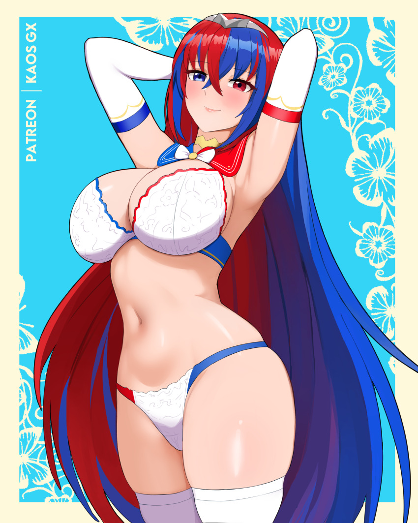 1girl alear_(fire_emblem) armpits arms_behind_head arms_up artist_name blue_background blue_hair blush border bow bowtie bra breasts choker cleavage closed_mouth cowboy_shot detached_collar elbow_gloves fire_emblem fire_emblem_engage floral_background gloves heterochromia highres kaos_art large_breasts looking_at_viewer multicolored_bra multicolored_hair multicolored_panties nintendo nipples outside_border panties red_eyes red_hair skindentation smile solo thighhighs tiara two-tone_hair underwear underwear_only white_border white_bow white_bowtie white_bra white_gloves white_panties white_thighhighs yellow_choker