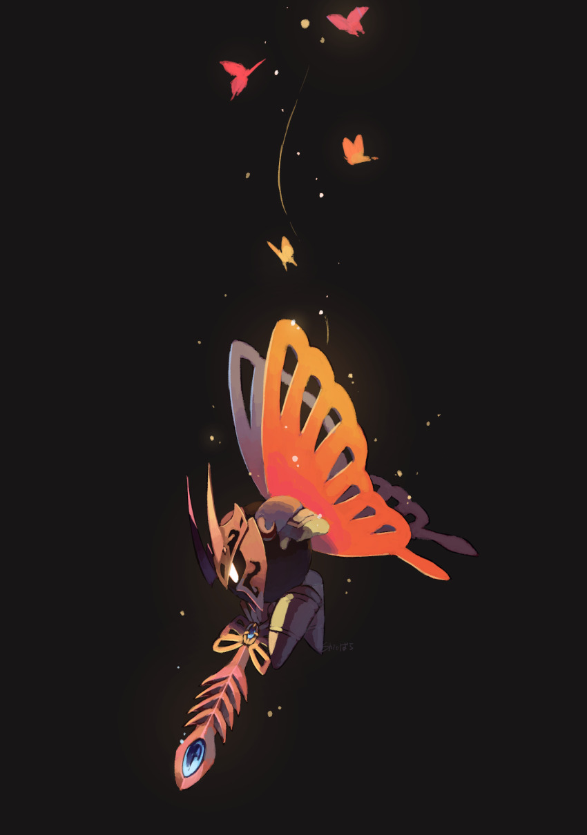armor artist_name black_background bug butterfly butterfly_wings feather_sword flying from_side full_body glowing glowing_butterfly helmet highres holding holding_sword holding_weapon insect insect_wings kirby&#039;s_dream_land kirby_(series) morpho_knight morpho_knight_(butterfly) nintendo no_humans shiobara_(31shiobara) signature solo sword weapon wings