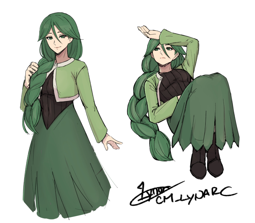 1girl boots braid braided_ponytail breasts cheryl_(pokemon) green_eyes green_hair green_skirt hair_between_eyes hair_over_shoulder hand_up long_hair looking_at_viewer lying lynarc medium_breasts multiple_views nintendo on_back pokemon pokemon_dppt signature skirt smile white_background