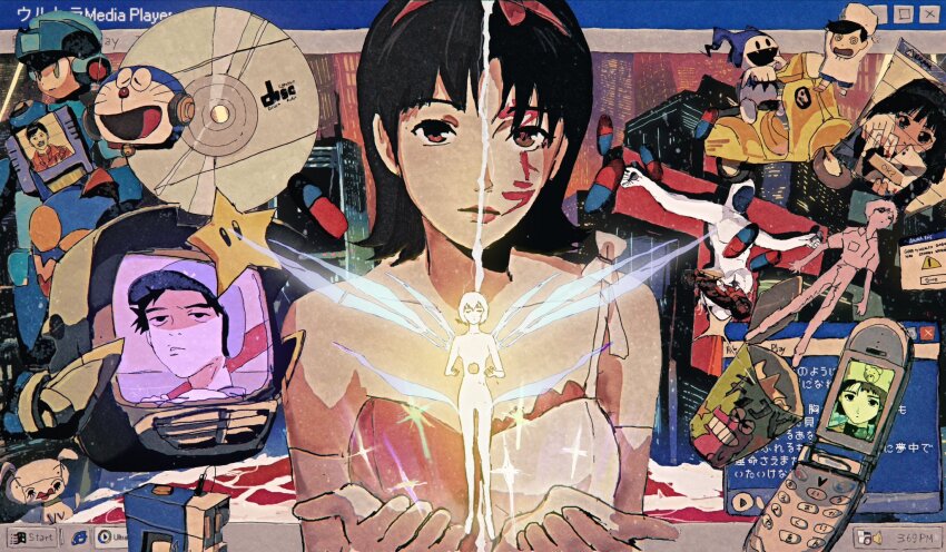 4boys 4girls ayanami_rei blue_hat blue_helmet breasts building cd cellphone character_request city doraemon doraemon_(character) hat helmet highres jack_frost_(megami_tensei) jojidoboro kirigoe_mima microsoft_windows multiple_boys multiple_girls neon_genesis_evangelion perfect_blue phone shin_megami_tensei star_(symbol) user_interface windows_98 windows_classic