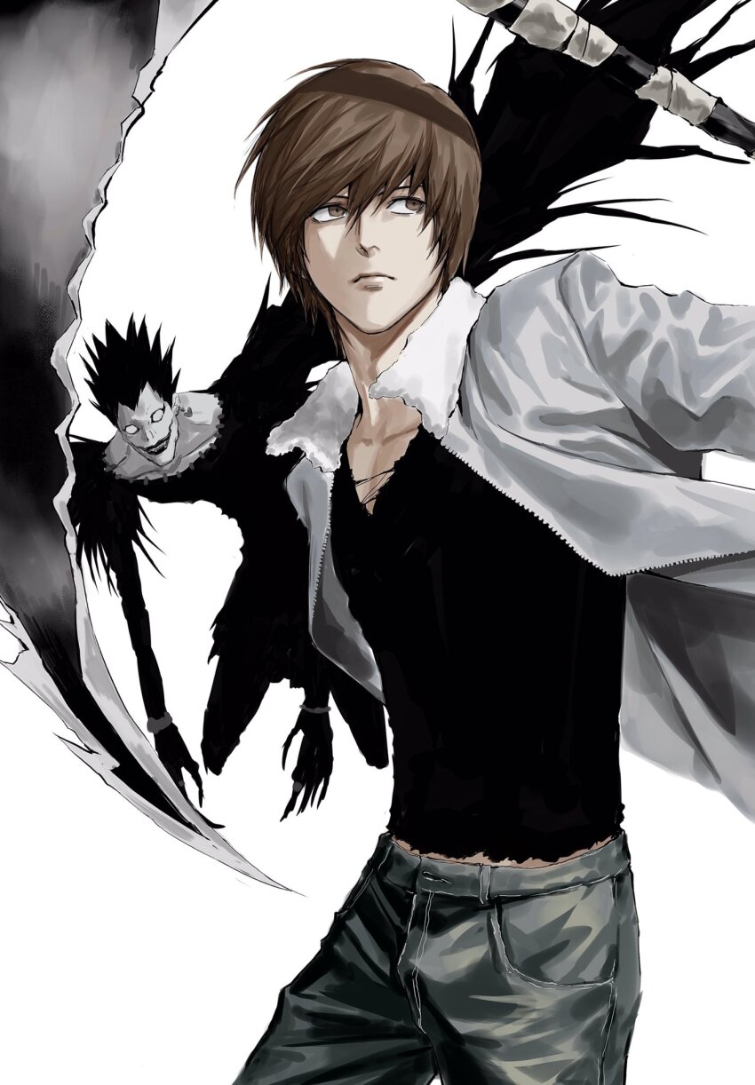 2boys black_hair black_wings brown_eyes brown_hair death_note denim highres jeans lips male_focus multiple_boys pale_skin pants ryuk scythe shinigami shirt sso_s wings yagami_light