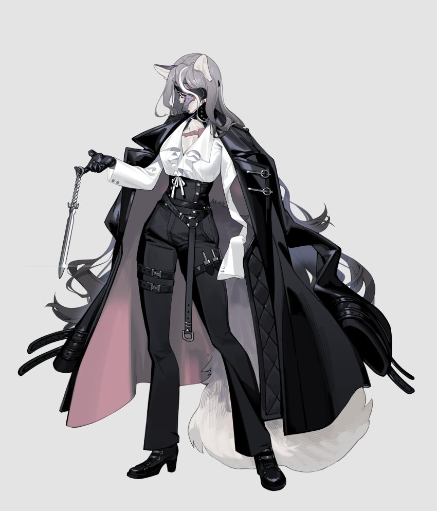 1girl absurdres animal_ears belt black_coat black_gloves black_pants black_shoes coat coat_on_shoulders eyepatch full_body furry furry_female glint gloves grey_background grey_hair hakurou_(onmyoji) high-waist_pants highres long_hair looking_at_viewer one_eye_covered onmyoji pants red_eyes scar scar_on_chest scar_on_face shirt shoes simple_background solo standing tail thigh_belt thigh_strap white_shirt wo_xuyao_jiashui wolf_ears wolf_girl wolf_tail