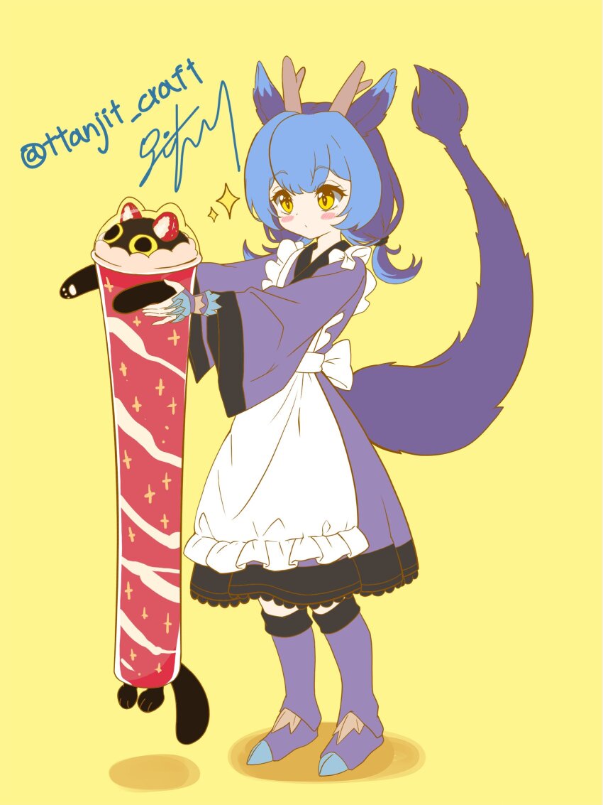 1girl apron blue_hair blue_kimono blush_stickers cat cup cupsie_yummy dragon_girl dragon_horns dragon_tail duel_monster full_body highres holding holding_cup horns japanese_clothes kimono laundry_dragonmaid longcat_(meme) meme short_hair signature simple_background sparkle tail ttakji_craft twitter_username yellow_background yellow_eyes yu-gi-oh!