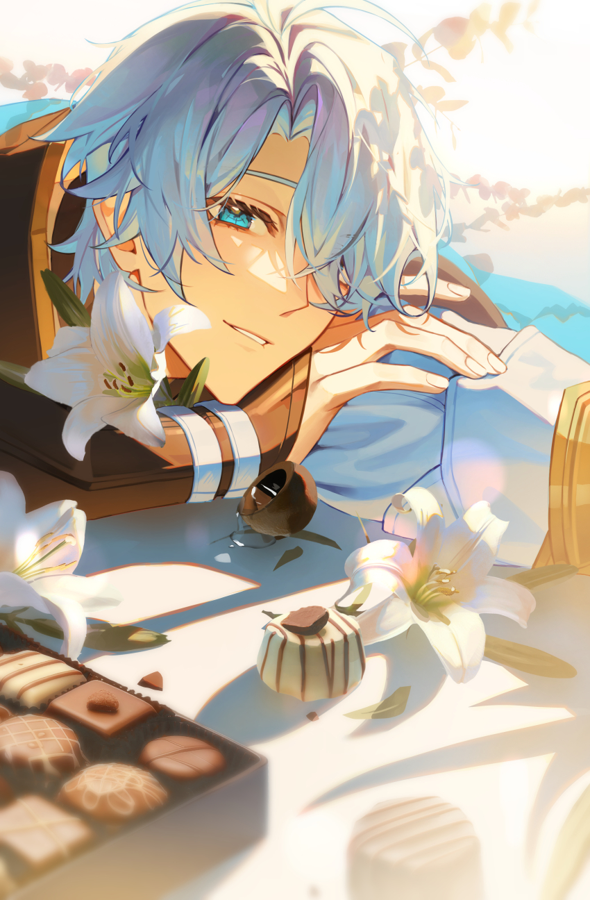 1boy absurdres blue_eyes chocolate commentary english_commentary flower hair_over_one_eye head_rest highres honkai:_star_rail honkai_(series) looking_at_viewer male_focus parted_lips phainon_(honkai:_star_rail) shotgunman smile solo white_flower white_hair