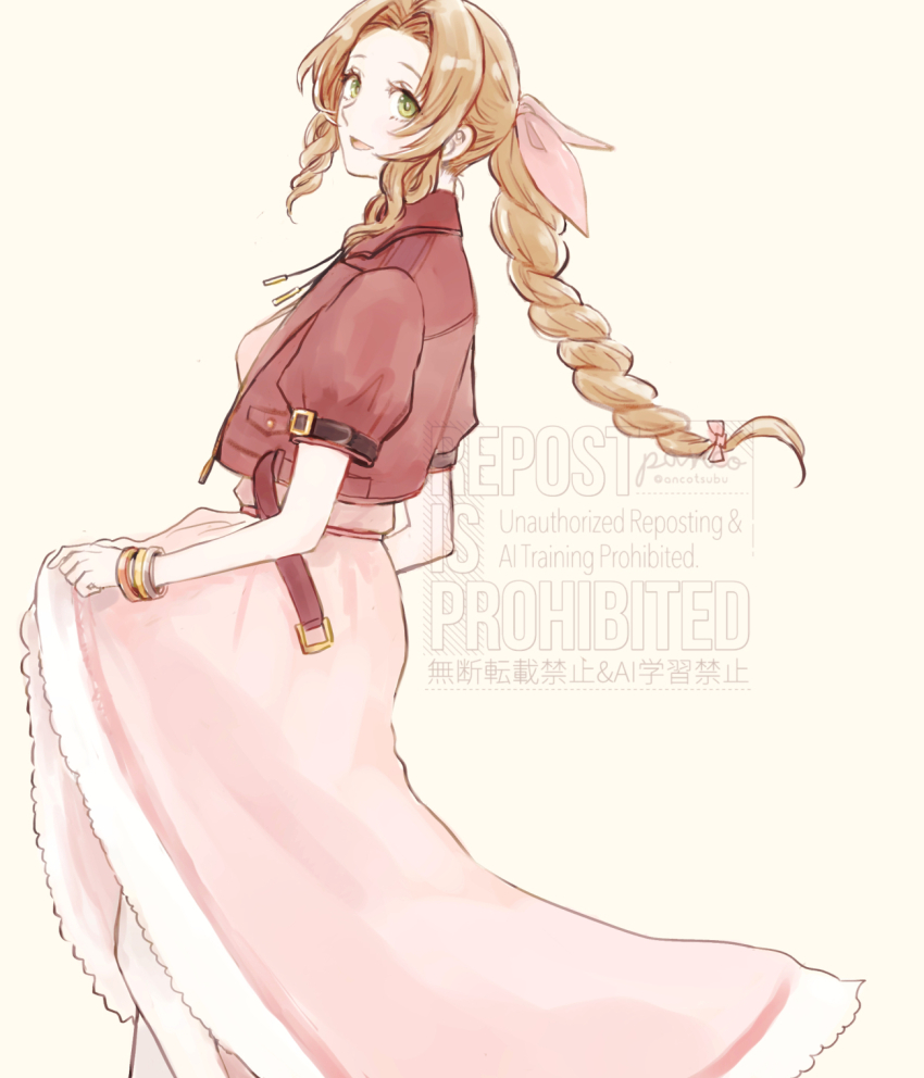 1girl aerith_gainsborough ancotsubu artist_name bangle bracelet braid braided_ponytail breasts clothes_lift cropped_jacket dress dress_lift feet_out_of_frame final_fantasy final_fantasy_vii final_fantasy_vii_rebirth final_fantasy_vii_remake green_eyes hair_ribbon highres jacket jewelry long_dress looking_at_viewer medium_breasts open_mouth parted_bangs pink_dress pink_ribbon puffy_short_sleeves puffy_sleeves red_jacket ribbon short_sleeves sidelocks single_braid smile solo twitter_username yellow_background