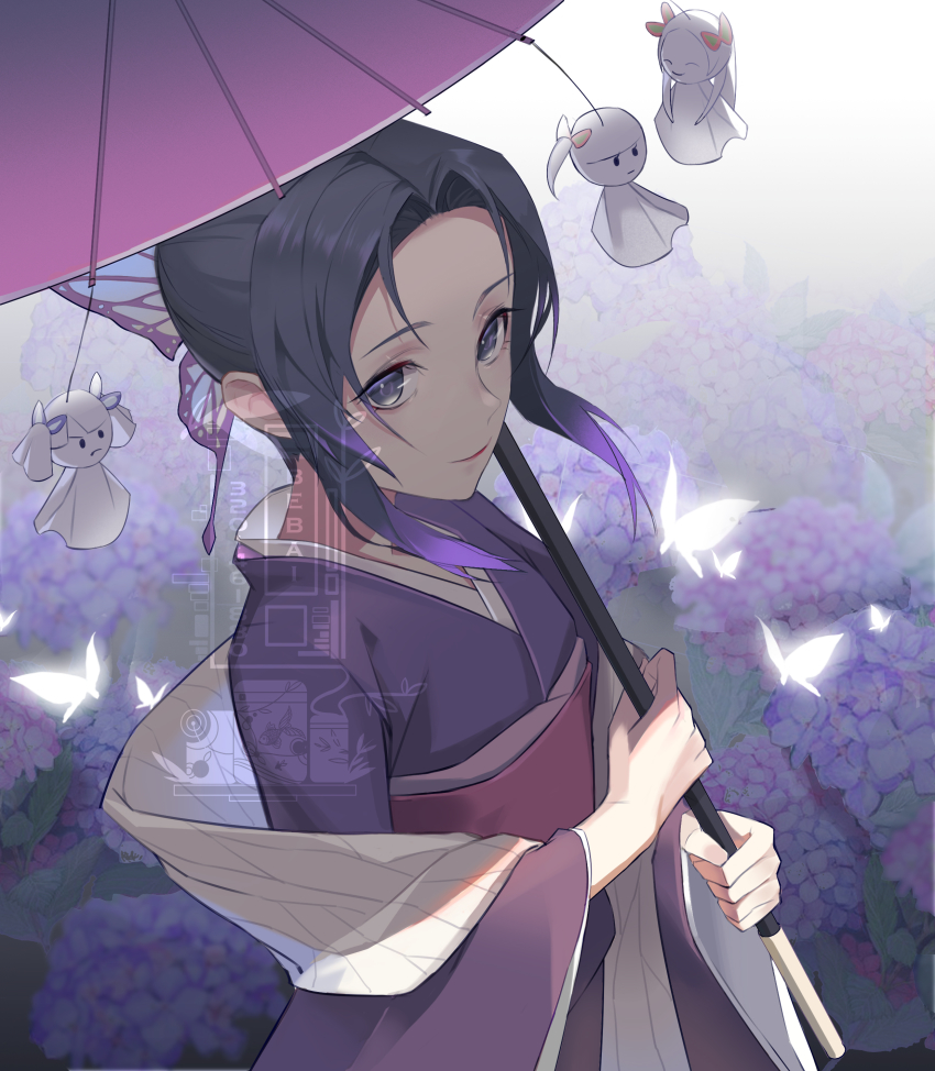 1girl absurdres bebai black_hair blush bug butterfly butterfly_hair_ornament character_doll closed_mouth commentary_request doll flower forehead gradient_hair hair_ornament highres holding holding_umbrella hydrangea insect japanese_clothes kanzaki_aoi_(kimetsu_no_yaiba) kimetsu_no_yaiba kimono kochou_kanae kochou_shinobu long_sleeves looking_at_viewer multicolored_hair obi oil-paper_umbrella parted_bangs purple_eyes purple_hair purple_kimono sash smile solo standing teruterubouzu tsuyuri_kanao umbrella
