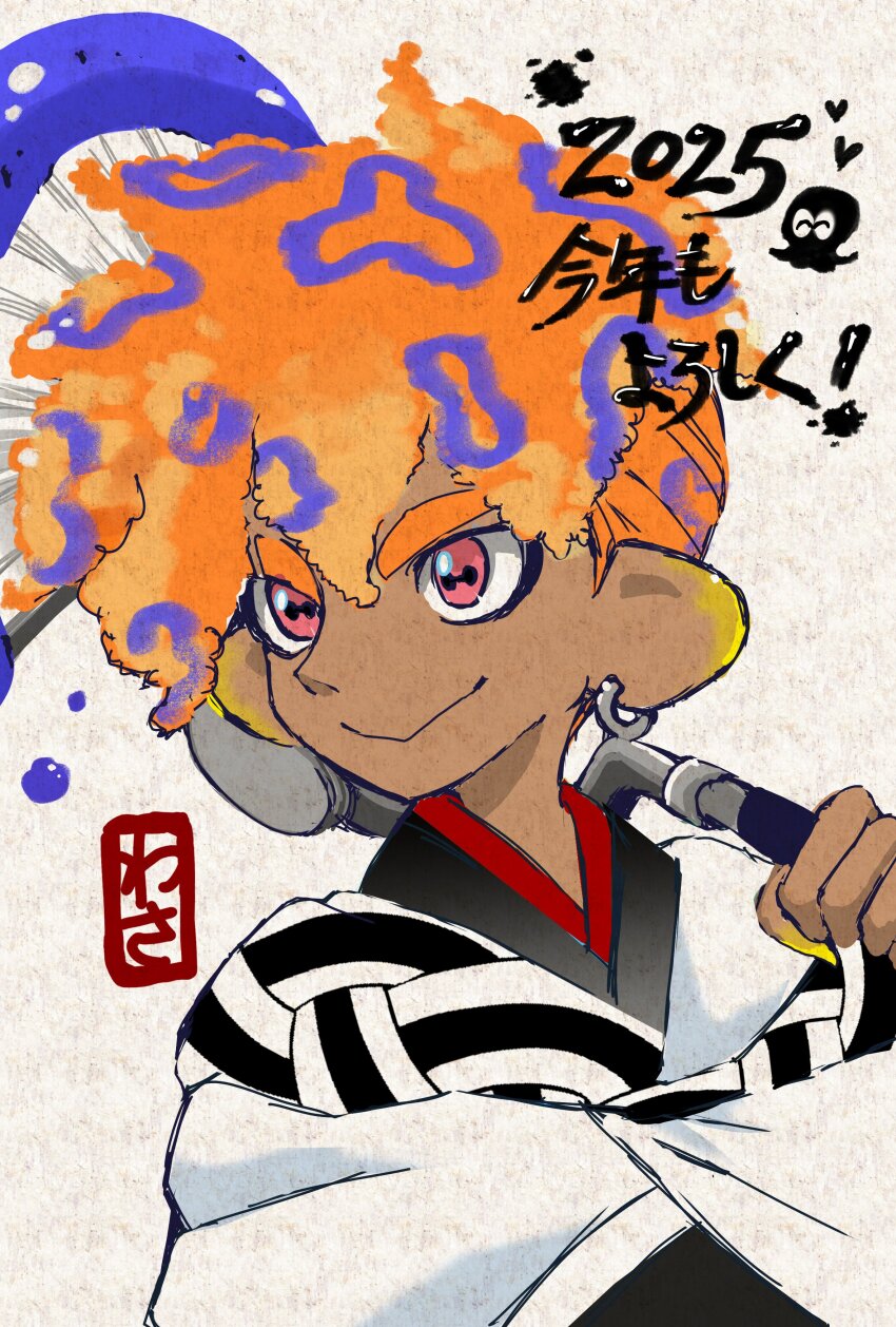 2025 absurdres alternate_costume alternate_eye_color alternate_hairstyle ambiguous_gender cephalopod_eyes commentary_request dark_skin earrings highres holding jewelry nintendo paint pink_eyes smile solo splatoon_(series) splatoon_3 tao_blu translation_request upper_body wasa0731