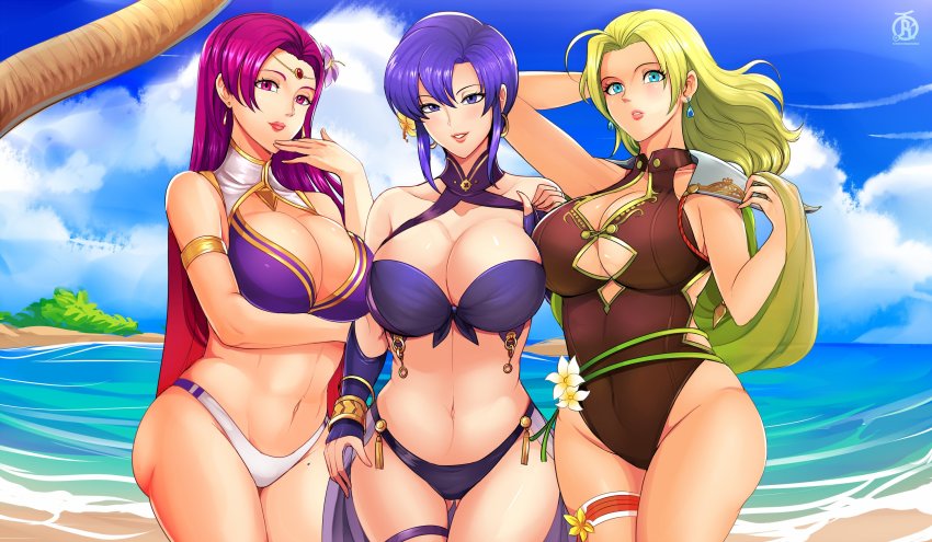 3girls armlet ass bikini blonde_hair blue_eyes blue_hair blue_sky breasts brunnya_(fire_emblem) cleavage closed_mouth cloud cowboy_shot day earrings female_focus fire_emblem fire_emblem:_the_binding_blade fire_emblem:_the_blazing_blade fire_emblem:_the_sacred_stones fire_emblem_heroes flower hair_flower hair_ornament harem highres jewelry large_breasts lineup long_hair matching_hair/eyes multiple_girls navel nintendo ocean outdoors parted_lips plant purple_eyes purple_hair revolverwing selena_(fire_emblem:_the_sacred_stones) selena_(summer)_(fire_emblem:_the_sacred_stones) short_hair skindentation sky standing swimsuit thigh_strap trait_connection tree ursula_(fire_emblem) ursula_(summer)_(fire_emblem) water