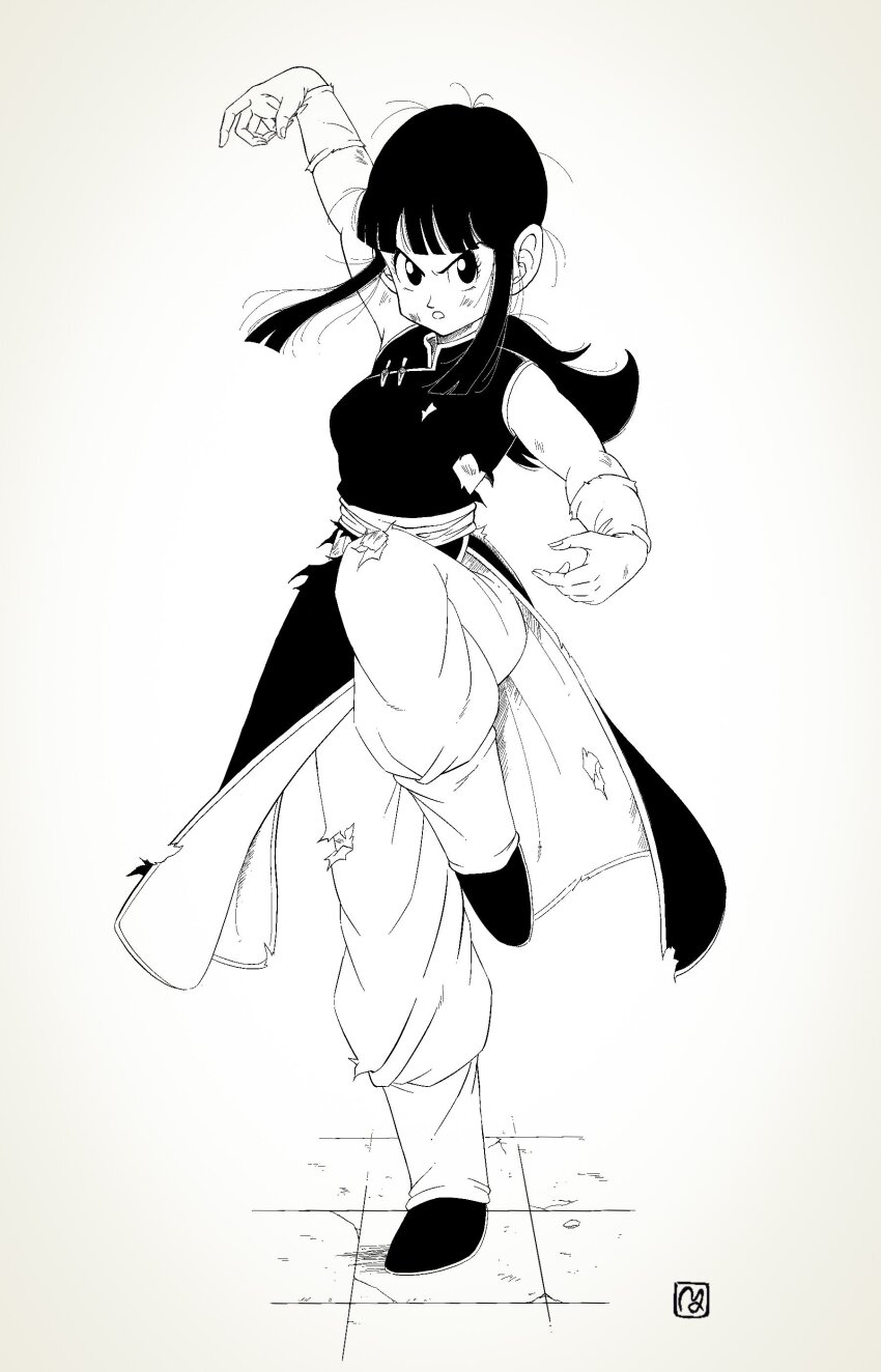 1girl absurdres blunt_bangs blunt_sidelocks chi-chi_(dragon_ball) china_dress chinese_clothes commentary_request dragon_ball dragon_ball_(classic) dress floating_clothes full_body greyscale highres leg_up long_hair looking_at_viewer low-tied_long_hair martial_arts monochrome open_mouth scratches signature sleeveless solo torn_clothes wristband y_man_07