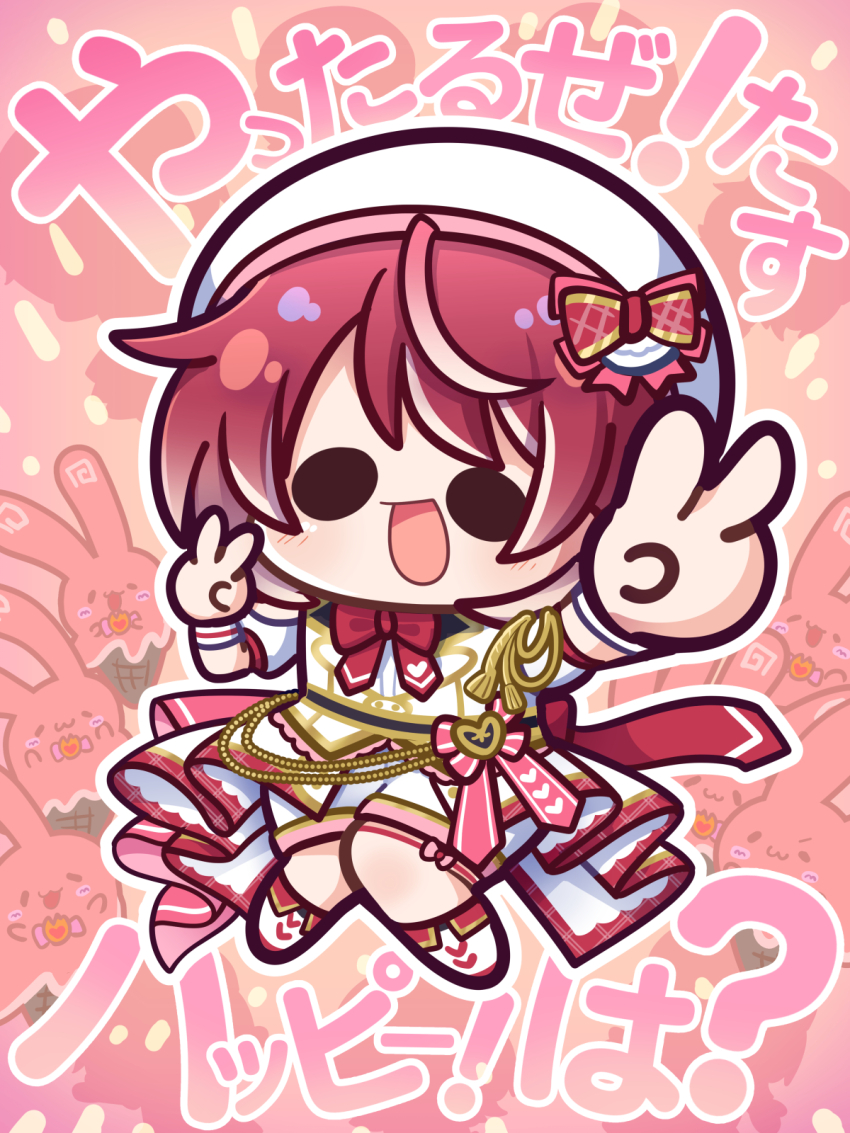 1girl chibi chibi_only colored_inner_hair double_v highres idol_clothes idolmaster idolmaster_va-liv morikinoko multicolored_hair red_hair short_hair tomori_manaka two-tone_hair v virtual_youtuber
