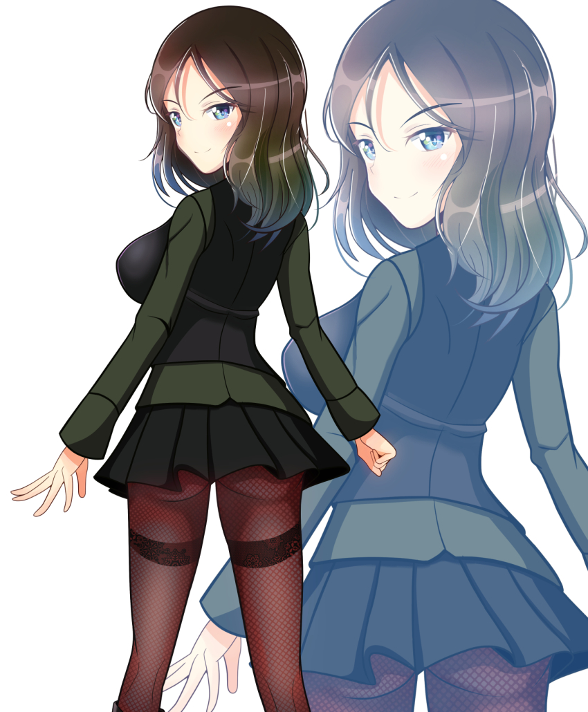 1girl ass black_hair blue_eyes blush breasts closed_mouth fishnet_pantyhose fishnets girls_und_panzer highres kumaisao large_breasts long_hair looking_at_viewer microskirt military_uniform nonna_(girls_und_panzer) pantyhose pravda_military_uniform skirt smile solo