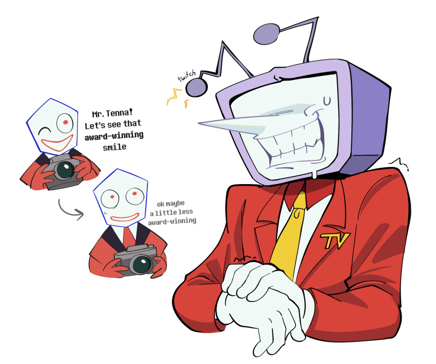 1boy 1other ant_tenna camera colliholly commentary crt deltarune english_commentary gloves highres holding holding_camera jacket male_focus multiple_views necktie nervous_smile object_head one_eye_closed own_hands_together pippins_(deltarune) pointy_nose red_eyes red_jacket simple_background small_sweatdrop smile sweat teeth white_background white_gloves yellow_necktie