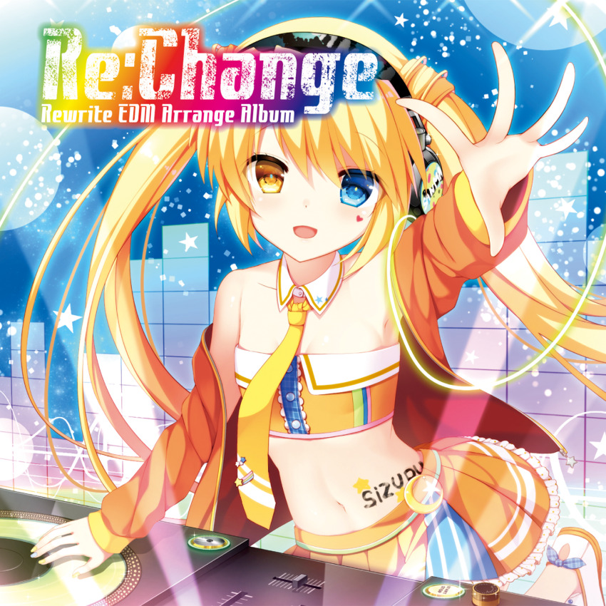 1girl :d album_cover album_name alternate_costume arm_up artist_request blonde_hair blue_eyes blush breasts character_name cleavage collar collarbone colored_eyelashes copyright_name cover detached_collar dj frilled_skirt frills glint graphic_equalizer hair_between_eyes headphones heart_on_cheek heterochromia highres indoors jacket long_hair long_sleeves looking_at_viewer miniskirt nakatsu_shizuru navel necktie non-web_source off_shoulder official_art open_clothes open_hand open_jacket open_mouth orange_jacket orange_skirt pleated_skirt rewrite simple_background single_bare_shoulder skirt small_breasts smile solo star_(symbol) star_sticker stomach twintails very_long_hair white_collar white_footwear yellow_eyes yellow_necktie
