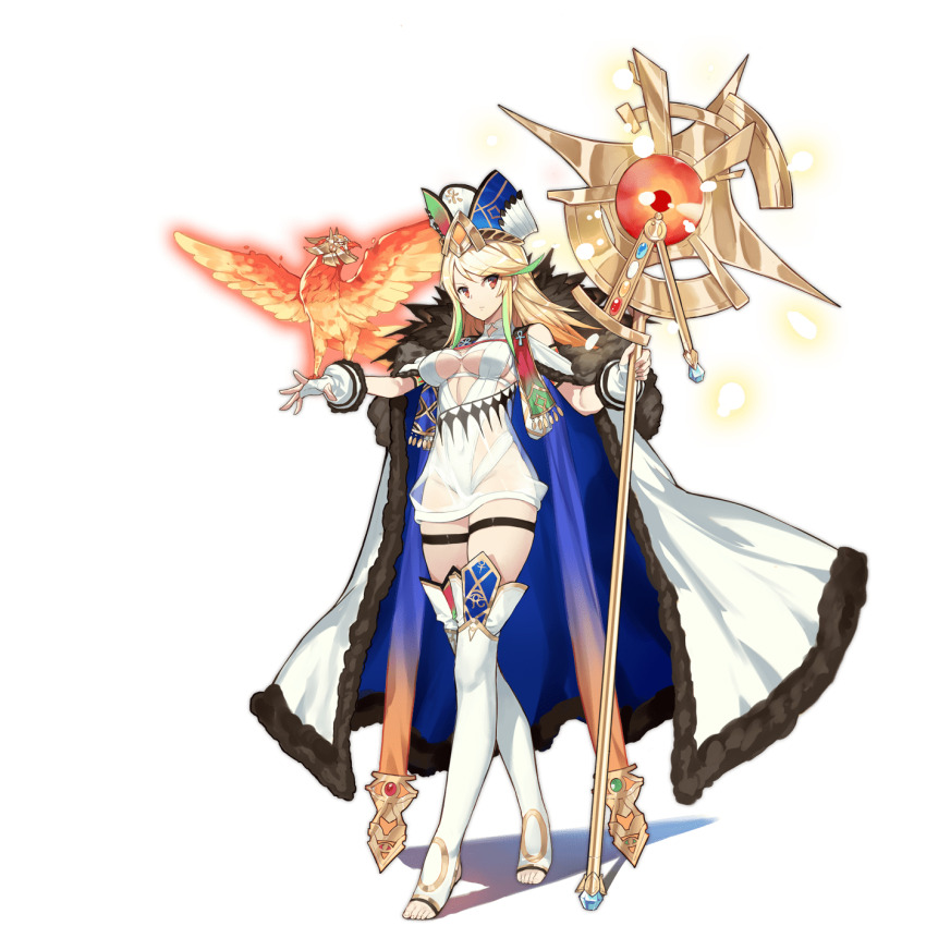 1girl ankh ark_order blonde_hair breasts cape cleavage_cutout clothing_cutout diamond_(gemstone) feather_collar fingerless_gloves fire full_body fur-trimmed_cape fur_trim gloves green_hair hat highres holding holding_staff kzhu large_breasts leotard light multicolored_hair multicolored_hat official_art orange_eyes ra_(ark_order) solo staff standing streaked_hair tachi-e thigh_strap thighhighs toeless_legwear transparent_background variant_set white_cape white_gloves white_leotard white_thighhighs