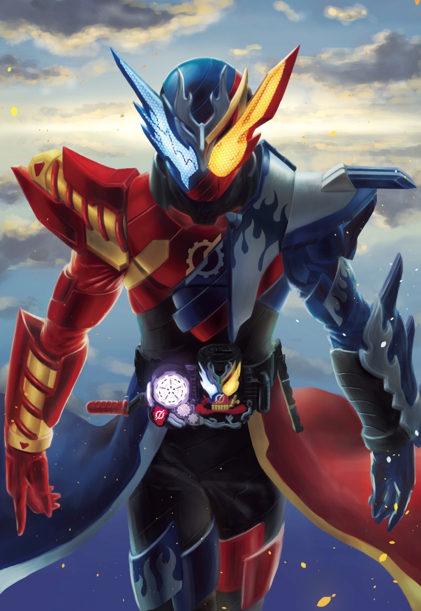 1boy animal_ears armor blue_armor blue_eyes blue_footwear blue_sky build_driver cloud coattails cross-zbuild_form dragon flame_print fusion glowing glowing_eyes heterochromia highres kamen_rider kamen_rider_build kamen_rider_build_(series) kamen_rider_cross-z kamen_rider_cross-zbuild looking_at_viewer male_focus namahamu913 rabbit_ears red_armor red_footwear rider_belt sky tokusatsu yellow_eyes