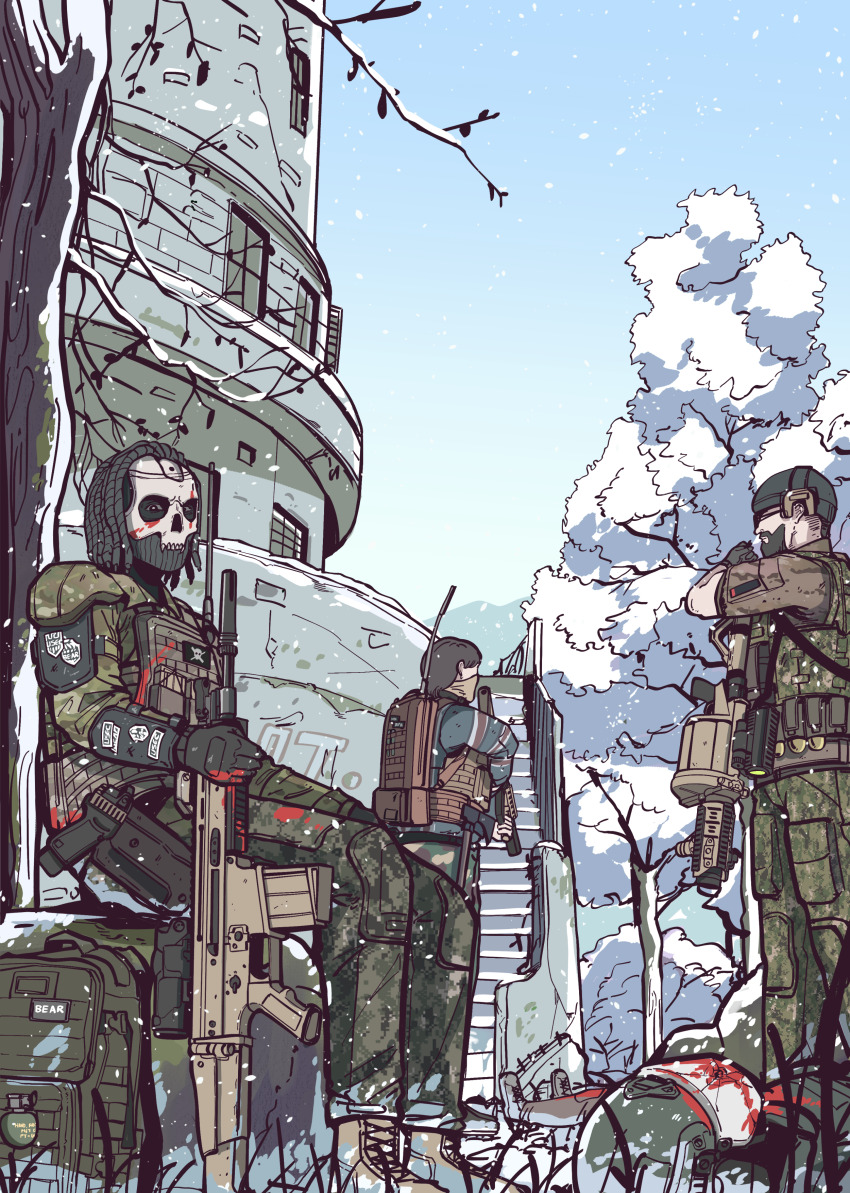 1other 40x46mm_lv 4boys absurdres ammunition ammunition_pouch assault_rifle axe backpack bag balaclava beanie beard big_pipe_(escape_from_tarkov) birdeye_(escape_from_tarkov) black_gloves blood blood_on_clothes blood_on_hands boots brown_boots brown_hair brown_pants bullet_hole bulletproof_vest camouflage camouflage_pants camouflage_shirt ear_protection escape_from_tarkov explosive facial_hair fn_scar_17 fragmentation_grenade full_beard glock gloves green_bag grenade grenade_cartridge grenade_launcher gun hand_grenade hand_up handgun hat hatchet_(axe) helmet highres holding holding_weapon holster knight_(escape_from_tarkov) lighthouse long_sleeves m4_carbine m67_grenade mask milkor_mgl multiple_boys optical_sight outdoors pants parabellum pouch revolver_grenade_launcher rifle shirt short_hair short_sleeves skull_mask snow snowing suppressor tree vertical_foregrip visor_(armor) weapon