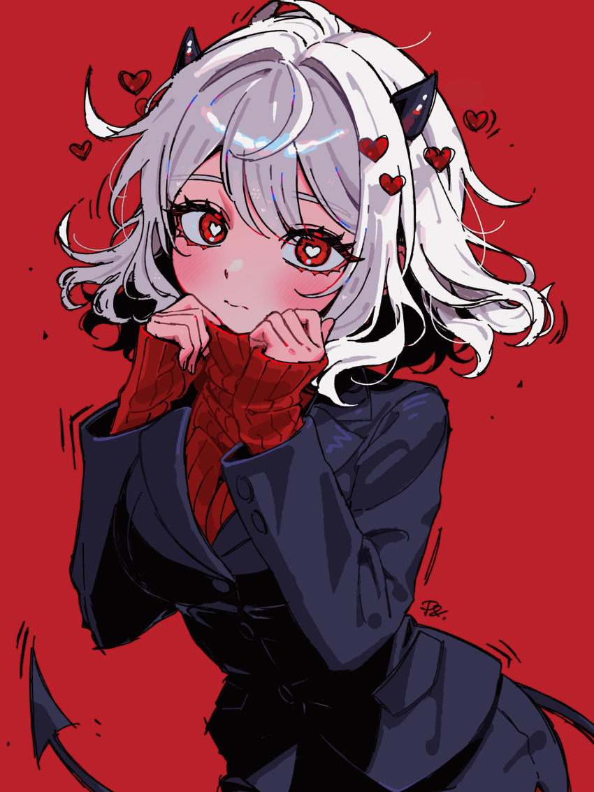 1girl black_horns black_jacket black_skirt black_tail blush breasts closed_mouth demon_girl demon_horns demon_tail hair_intakes hands_up heart heart-shaped_pupils helltaker highres horns jacket large_breasts long_sleeves looking_at_viewer mixed-language_commentary modeus_(helltaker) paulandcookie red_background red_eyes red_sweater short_hair skirt sleeves_past_wrists solo sweater symbol-shaped_pupils tail turtleneck turtleneck_sweater upper_body vertical-striped_sweater white_hair