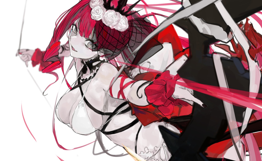 1girl absurdres baobhan_sith_(fate) baobhan_sith_(swimsuit_pretender)_(fate) baobhan_sith_(swimsuit_pretender)_(third_ascension)_(fate) bare_shoulders bikini bow_(weapon) breasts cleavage crown fate/grand_order fate_(series) fetch_failnaught_(fate) grey_eyes highres large_breasts long_hair looking_at_viewer open_mouth pink_hair pointy_ears side_ponytail smile solo swimsuit veil weapon white_bikini yorurokujuu