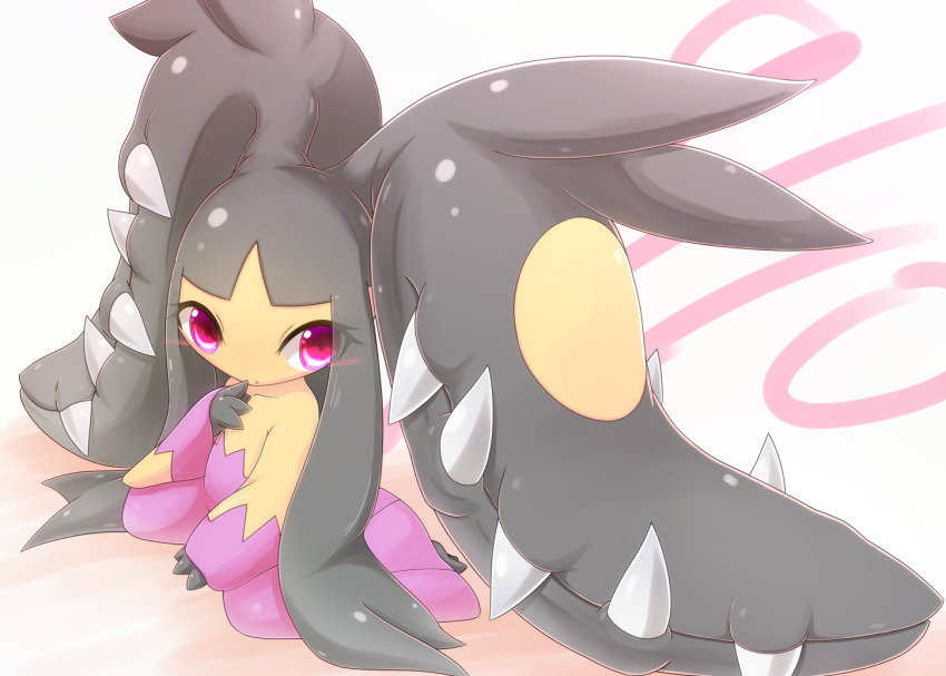1other black_hair closed_mouth collarbone colored_skin commentary_request gen_3_pokemon kaceuth mawile mega_mawile mega_pokemon nintendo other_focus pink_eyes pokemon pokemon_(creature) sharp_teeth sidelocks sitting solo teeth yellow_skin