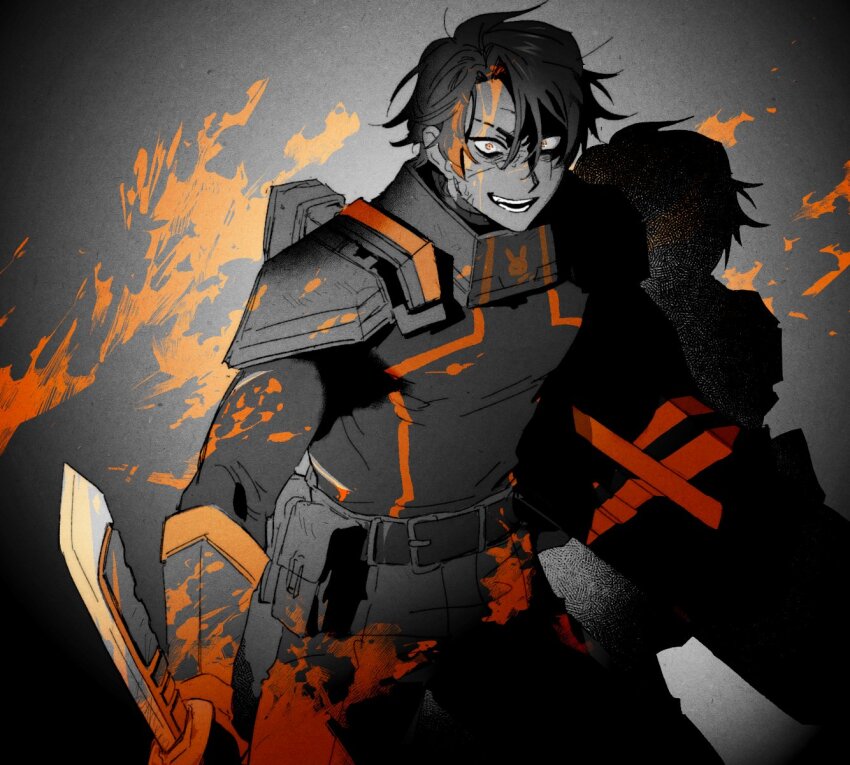 1boy armor artist_request blood blood_on_clothes blood_on_face bloody_weapon bodysuit brown_hair crazy_eyes dark_skin heathcliff_(project_moon) highres holding holding_knife knife limbus_company male_focus muscular muscular_male non-web_source open_mouth project_moon rabbit_symbol scar scar_on_face smile solo solo_focus weapon