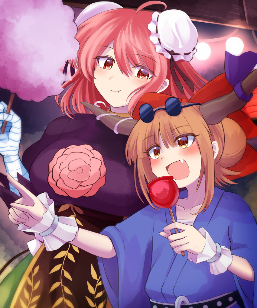 2girls :t absurdres ahoge blue_kimono blush breasts brown_eyes brown_hair bun_cover candy_apple cardigan commentary_request cotton_candy double_bun eating elaphe_guttata6 eyewear_on_head fang food hair_bun highres holding holding_cotton_candy holding_food ibaraki_kasen ibuki_suika japanese_clothes kimono large_breasts looking_at_another multiple_girls official_alternate_costume oni open_mouth pink_eyes pink_hair short_hair sunglasses tabard touhou upper_body wild_and_horned_hermit wrist_cuffs