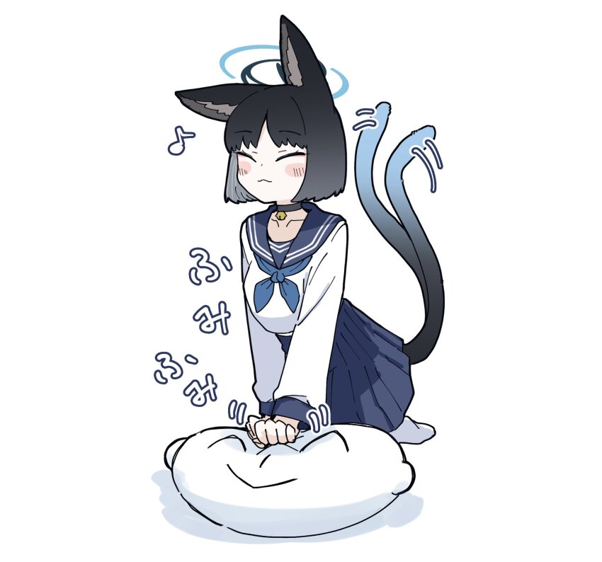 1girl animal_ears black_hair blue_archive blue_halo blue_sailor_collar blue_skirt cat_ears cat_girl cat_tail closed_eyes closed_mouth collar doodle_sensei_(blue_archive) halo highres kikyou_(blue_archive) pillow pushing_away pushing_face sailor_collar school_uniform sensei_(blue_archive) serafuku short_hair simple_background skirt socks stretching suecovsky tail white_background