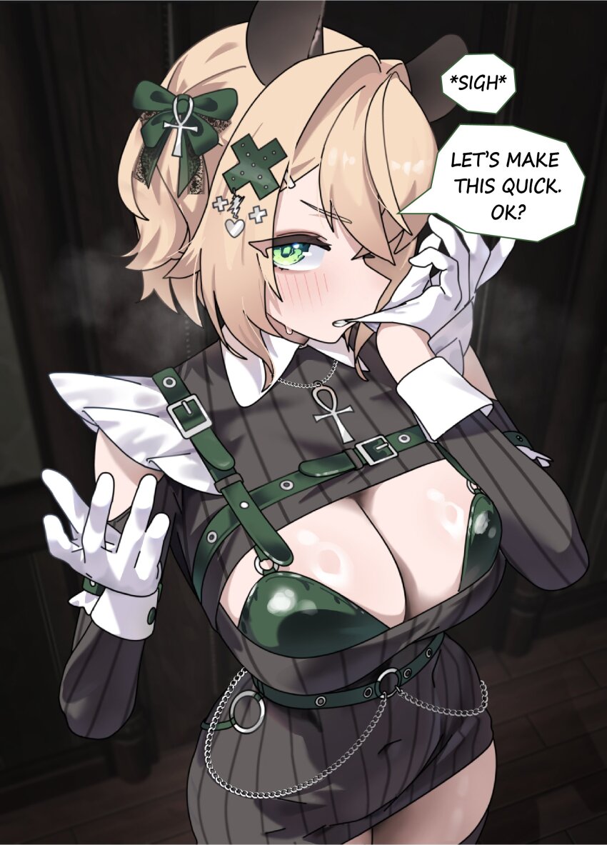 1girl absurdres alternate_costume animal_ears ankh ankh_necklace belt biting biting_glove black_dress blonde_hair bra breasts chest_harness cleavage cleavage_cutout clothing_cutout commentary covered_navel dress english_commentary english_text furrowed_brow glove_pull gloves green_bra green_eyes green_ribbon gurumie hair_ornament hair_ribbon harness highres indie_virtual_youtuber large_breasts looking_at_viewer mouth_hold nimi_nightmare paid_reward_available ribbed_dress ribbon short_dress short_hair solo speech_bubble tapir_ears tapir_girl underwear virtual_youtuber white_gloves x_hair_ornament