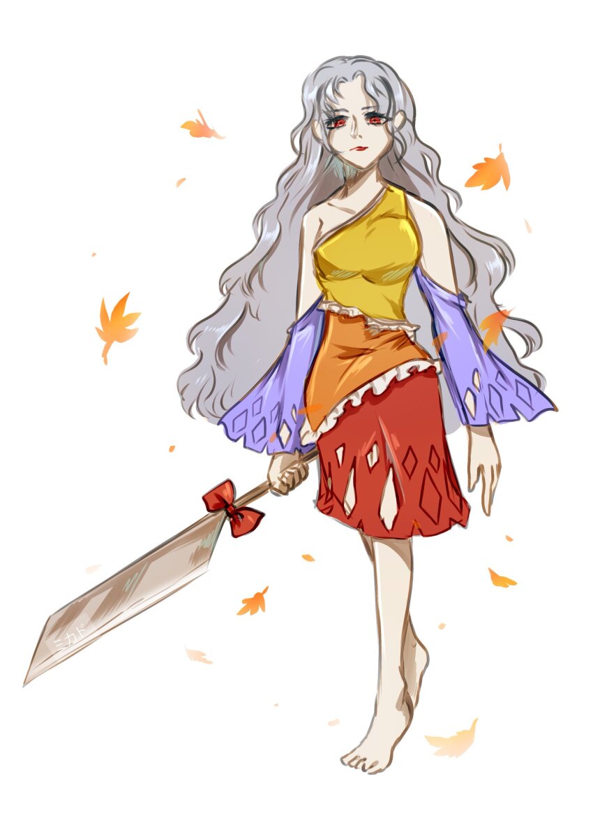 1girl autumn_leaves bad_id bad_twitter_id bare_legs bare_shoulders barefoot bow breasts cleaver closed_mouth collarbone commentary detached_sleeves diamond_cutout dress english_commentary eyelashes falling_leaves frilled_dress frills full_body grey_hair highres holding holding_cleaver large_breasts leaf lipstick long_hair long_sleeves luo_qiangwei makeup medium_dress multicolored_dress orange_dress parted_bangs purple_sleeves red_bow red_dress red_eyes red_lips sakata_nemuno simple_background single-shoulder_dress single_strap smile solo standing toes touhou very_long_hair wavy_hair white_background wide_sleeves yellow_dress