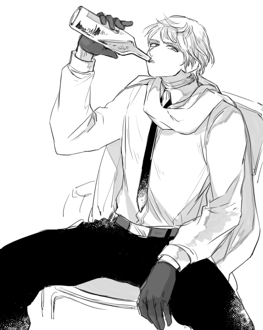 1boy alcohol axis_powers_hetalia bandaged_neck bandages belt bottle chair collared_shirt commentary_request drinking gloves goro_nyanko greyscale hand_up highres holding holding_bottle long_sleeves looking_at_viewer male_focus monochrome necktie on_chair open_mouth pants puffy_long_sleeves puffy_sleeves russia_(hetalia) scarf shirt short_hair simple_background sitting solo spread_legs vodka