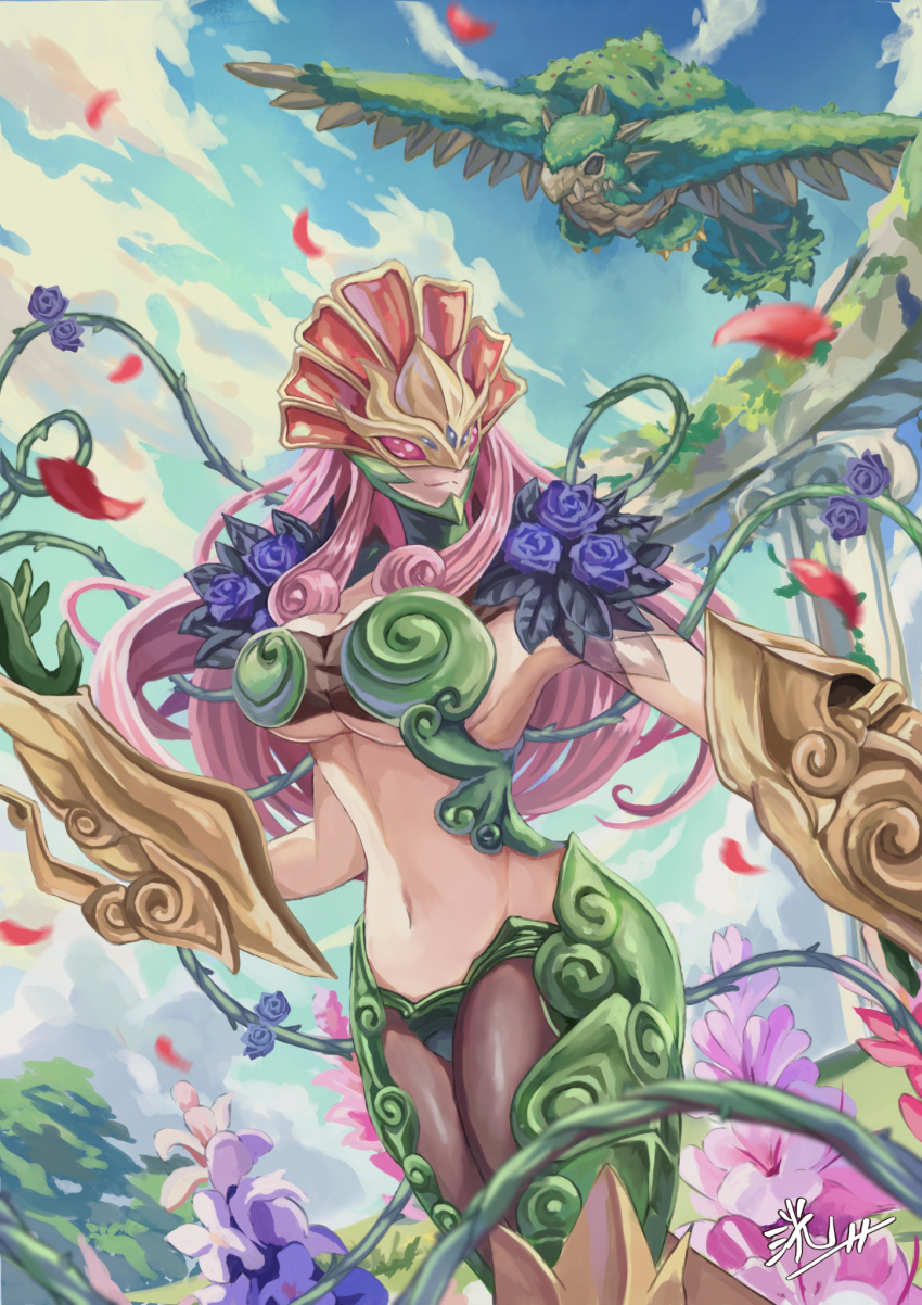 1girl arm_guards armor armored_boots armpits blue_sky boobplate boots breastplate breasts brown_pantyhose ceresmon ceresmon_medium cleavage closed_mouth cloud commentary curly_hair day digimon digimon_(creature) falling_petals flower gauntlets giant giant_monster gloves green_gloves groin highres kou_(xcws3487) large_breasts long_hair mask monster_girl navel outdoors pantyhose petals pink_hair plant plant_girl purple_flower purple_rose revealing_clothes rose rose_petals signature sky smile solo_focus standing stomach underboob very_long_hair vines