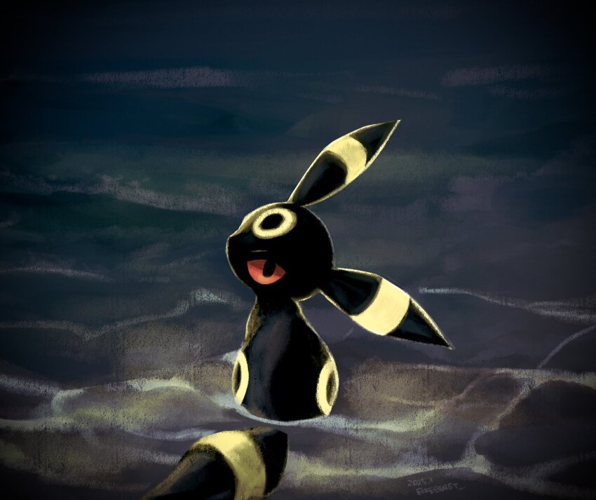 body_markings fireblast full_body gen_2_pokemon highres looking_back night nintendo ocean pokemon pokemon_(creature) red_eyes ripples sitting umbreon water